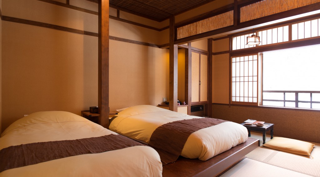 a Japanese room with a bed