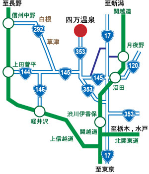 四万温泉へのクルマ用地図