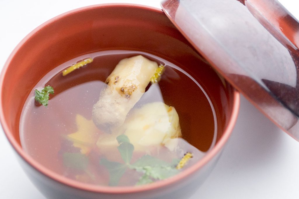 Matsutake mushroom, vegetables cake, five-colored seaweed ball, and citron