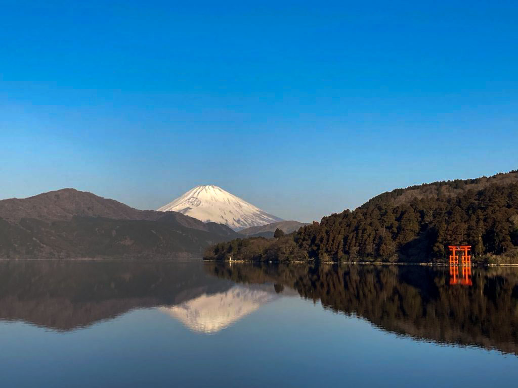 Mount Fuji and Lake Ashi in Hakone, a popular onsen destination near Tokyo